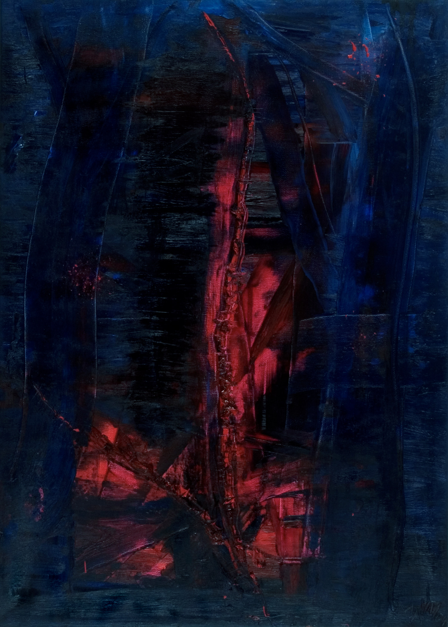 Oil painting "Down the rabbit hole", 2024, three parts, 70x50cm, by Marion Avanzini: Ultramarine blue and Venetian red in various shades, with intense color brilliance achieved through the highest quality artist oil paints containing the finest pigments