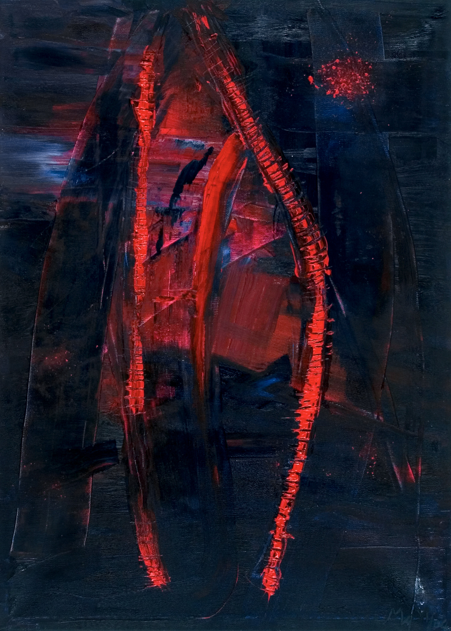 Oil painting "Down the rabbit hole", 2024, three parts, 80x120cm, by Marion Avanzini: Venetian red in various shades, with intense color brilliance achieved through the highest quality artist oil paints containing the finest pigments